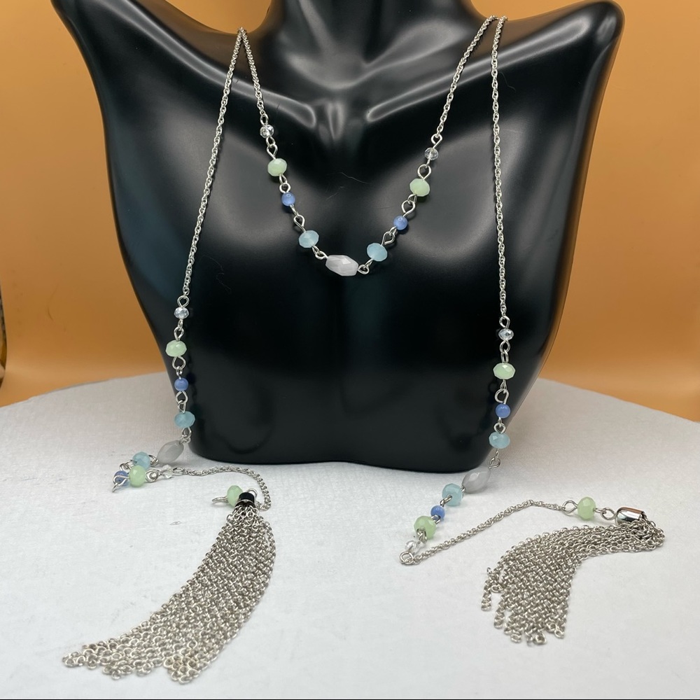 Silver Tone Green Blue Beaded Chain Tassel Boho Fashion Dangle Necklace‎